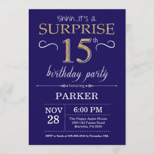 Surprise 15th Birthday Navy Blue and Gold Glitter Invitation