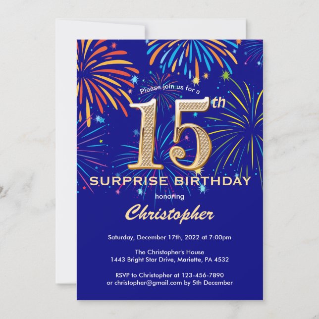 Surprise 15th Birthday Navy Blue & Gold Firework Invitation (Front)