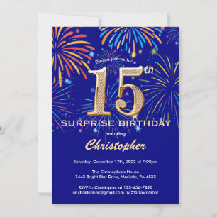 Surprise 15th Birthday Navy Blue & Gold Firework Invitation