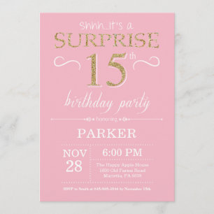 Surprise 15th Birthday Pink and Gold Glitter Invitation