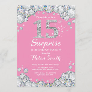 Surprise 15th Birthday Pink and Silver Diamond Invitation