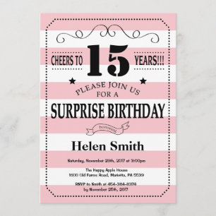 Surprise 15th Birthday Pink and White Stripes Invitation