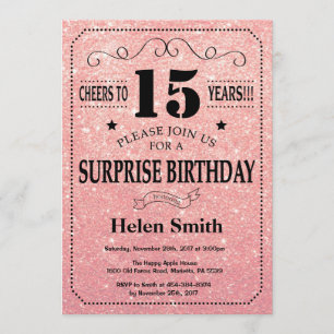 Surprise 15th Birthday Pink Rose Gold Glitter Invitation