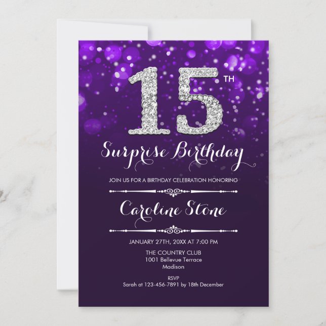 Surprise 15th Birthday - Purple Silver Invitation (Front)