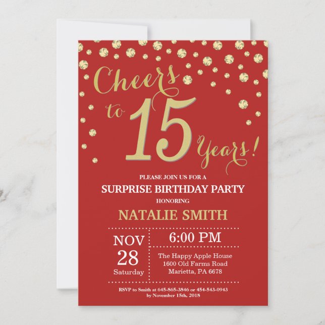 Surprise 15th Birthday Red and Gold Diamond Invitation (Front)