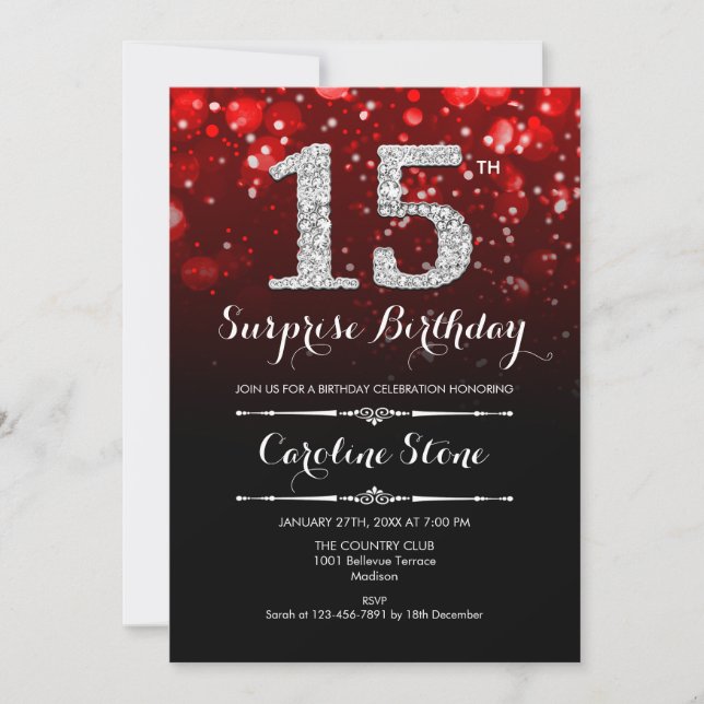 Surprise 15th Birthday - Red Silver Invitation (Front)