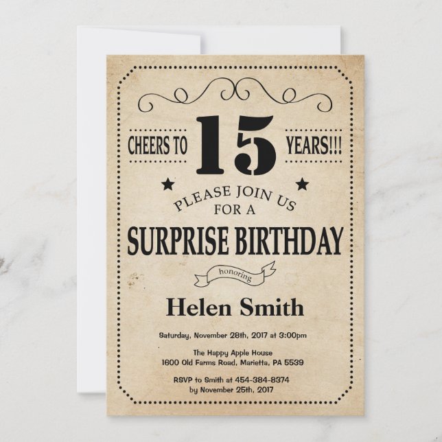 Surprise 15th Birthday Rustic Vintage Retro Invitation (Front)