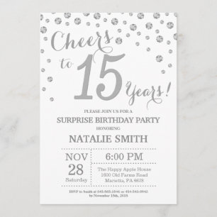 Surprise 15th Birthday Silver Glitter Diamond Invitation