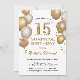 Surprise 15th Birthday White and Gold Balloons Invitation