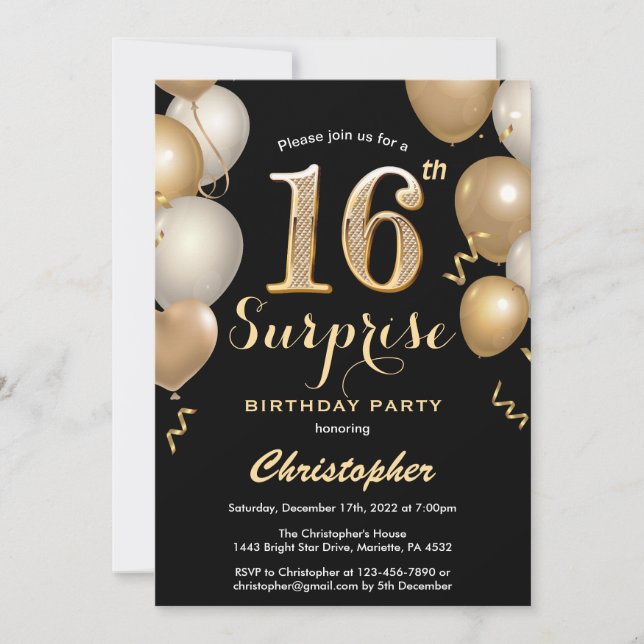 Surprise 16th Birthday Black and Gold Balloons Invitation (Front)