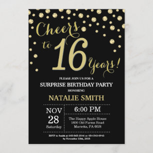 Surprise 16th Birthday Black and Gold Diamond Invitation