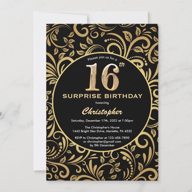 Surprise 16th Birthday Black and Gold Floral Invitation (Front)