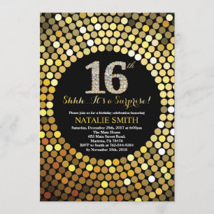 Surprise 16th Birthday Black and Gold Glitter Invitation