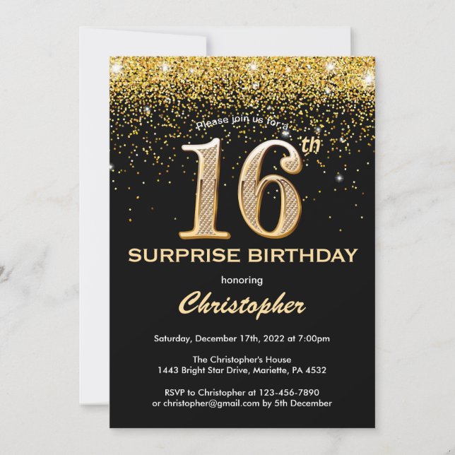 Surprise 16th Birthday Black and Gold Glitter Invitation (Front)