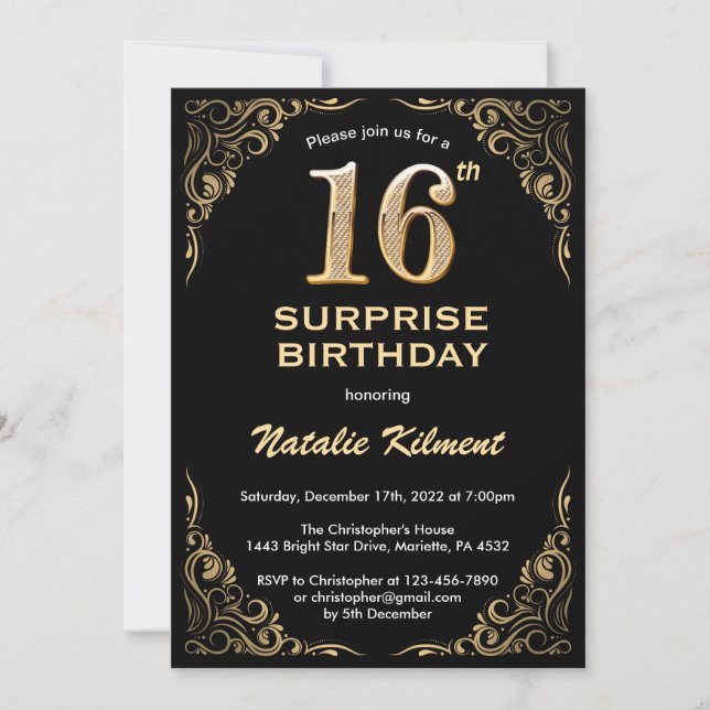 Surprise 16th Birthday Black and Gold Glitter Invitation (Front)