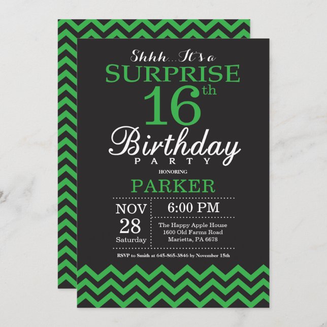 Surprise 16th Birthday Black and Green Chevron Invitation (Front/Back)