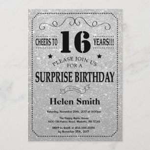 Surprise 16th Birthday Black and Silver Glitter Invitation