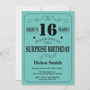 Surprise 16th Birthday Black and Teal Invitation