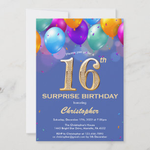 Surprise 16th Birthday Blue and Gold Balloons Invitation