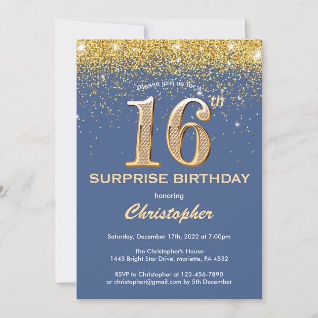 Surprise 16th Birthday Blue and Gold Glitter Invitation (Front)
