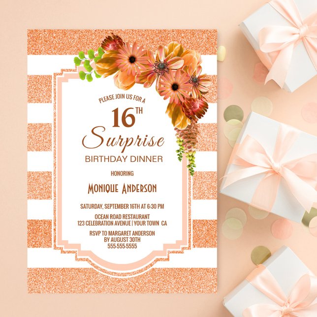 Surprise 16th Birthday Dinner Apricot Floral Party Invitation (Creator Uploaded)