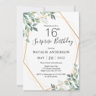 Surprise 16th Birthday Eucalyptus Greenery & Gold Invitation