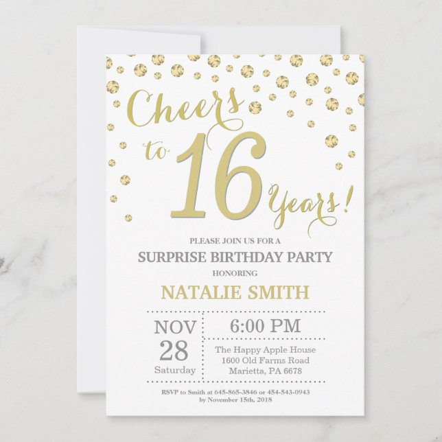 Surprise 16th Birthday Gold Glitter Diamond Invitation (Front)