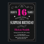 Surprise 16th Birthday Hot Pink and Black Invitation<br><div class="desc">Surprise 16th Birthday Invitation Hot Pink and Black Typography. Chalkboard. Black and White Background. Kids Birthday. Male Men or Women Birthday. Kids Boy or Girl Lady Teen Teenage Bday Invite. 13th 15th 16th 18th 20th 21st 30th 40th 50th 60th 70th 80th 90th 100th. Any Age. For further customisation, please click...</div>