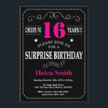 Surprise 16th Birthday Hot Pink and Black Invitation<br><div class="desc">Surprise 16th Birthday Invitation Hot Pink and Black Typography. Chalkboard. Black and White Background. Kids Birthday. Male Men or Women Birthday. Kids Boy or Girl Lady Teen Teenage Bday Invite. 13th 15th 16th 18th 20th 21st 30th 40th 50th 60th 70th 80th 90th 100th. Any Age. For further customisation, please click...</div>