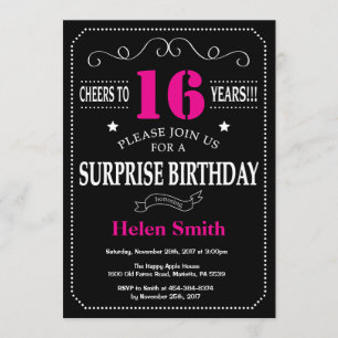 Surprise 16th Birthday Hot Pink and Black Invitation
