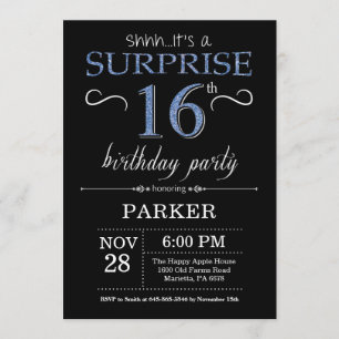 Surprise 16th Birthday Invitation Black and Blue