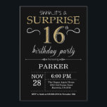 Surprise 16th Birthday Invitation Black and Gold<br><div class="desc">Surprise 16th Birthday Invitation with Black and Gold Glitter Background. Chalkboard. Kids Birthday. Boy or Girl Lady Teen Teenage Bday Invite. Any age. For further customisation,  please click the "Customise it" button and use our design tool to modify this template.</div>