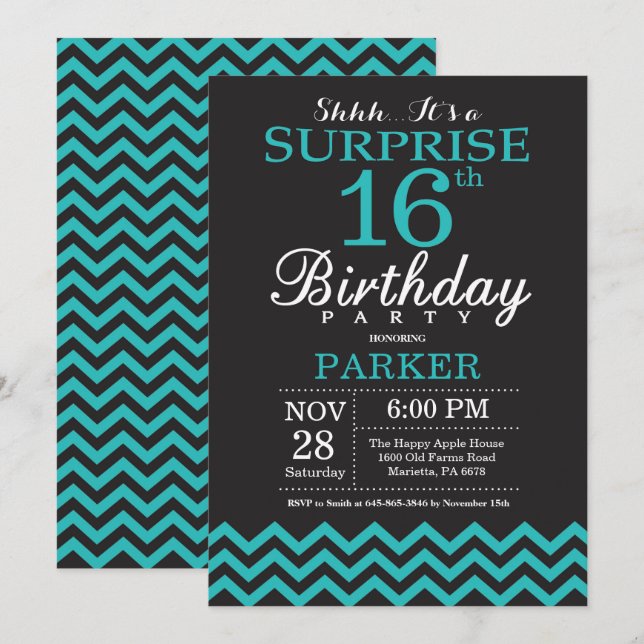 Surprise 16th Birthday Invitation Black and Teal (Front/Back)