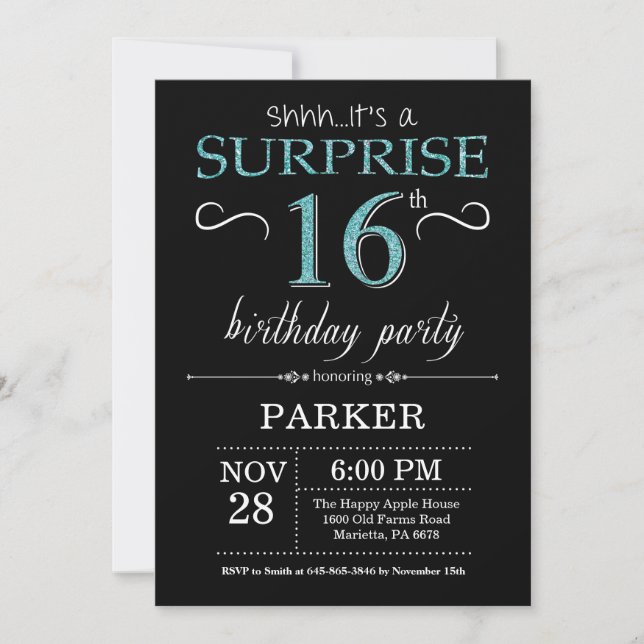 Surprise 16th Birthday Invitation Black and Teal (Front)