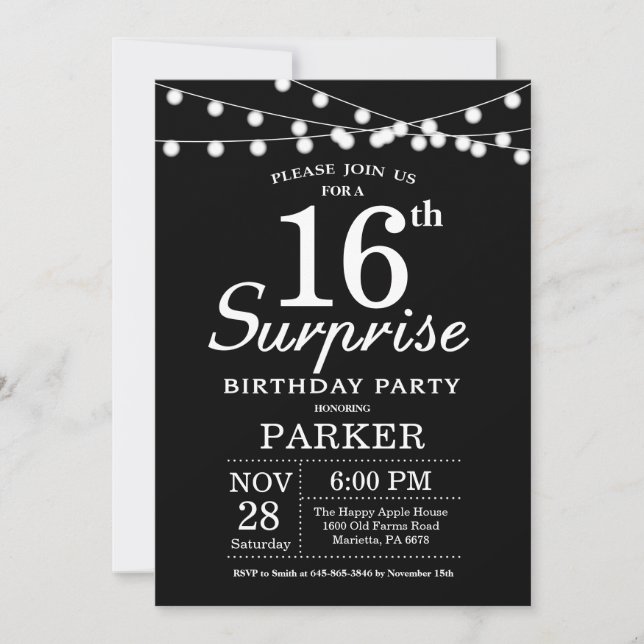Surprise 16th Birthday Invitation Black and White (Front)