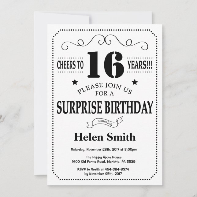 Surprise 16th Birthday Invitation Black and White (Front)
