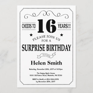 Surprise 16th Birthday Invitation Black and White