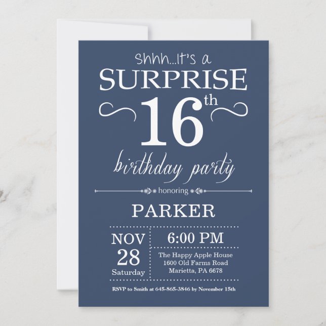 Surprise 16th Birthday Invitation Blue (Front)