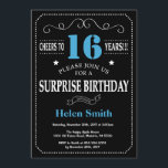 Surprise 16th Birthday Invitation Blue and Black<br><div class="desc">Surprise 16th Birthday Invitation Blue and Black Typography. Chalkboard. Black and White Background. Kids Birthday. Male Men or Women Birthday. Kids Boy or Girl Lady Teen Teenage Bday Invite. 13th 15th 16th 18th 20th 21st 30th 40th 50th 60th 70th 80th 90th 100th. Any Age. For further customisation, please click the...</div>
