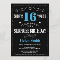 Surprise 16th Birthday Invitation Blue and Black