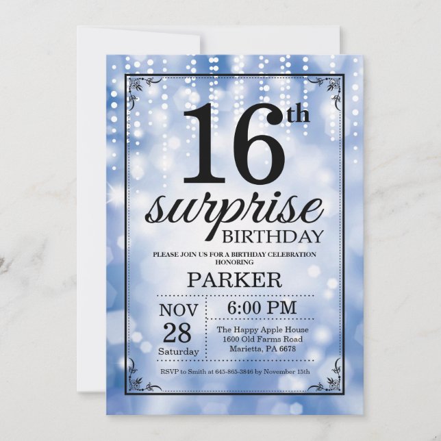 Surprise 16th Birthday Invitation Blue Glitter (Front)