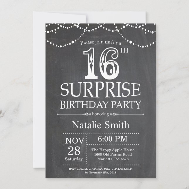 Surprise 16th Birthday Invitation Chalkboard (Front)