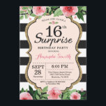 Surprise 16th Birthday Invitation Floral<br><div class="desc">Surprise 16th Birthday Invitation for teen,  lady. Sweet Sixteen. Black and Gold Birthday Party Invite. Gold Glitter. Pink Watercolor Floral Flower. Black and White Stripes. Printable Digital. For further customisation,  please click the "Customise it" button and use our design tool to modify this template.</div>