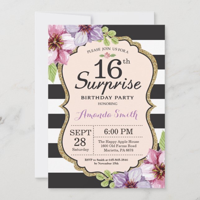 Surprise 16th Birthday Invitation Floral Teen (Front)