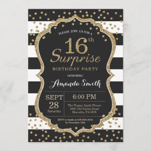 Surprise 16th Birthday Invitation. Gold Glitter Invitation
