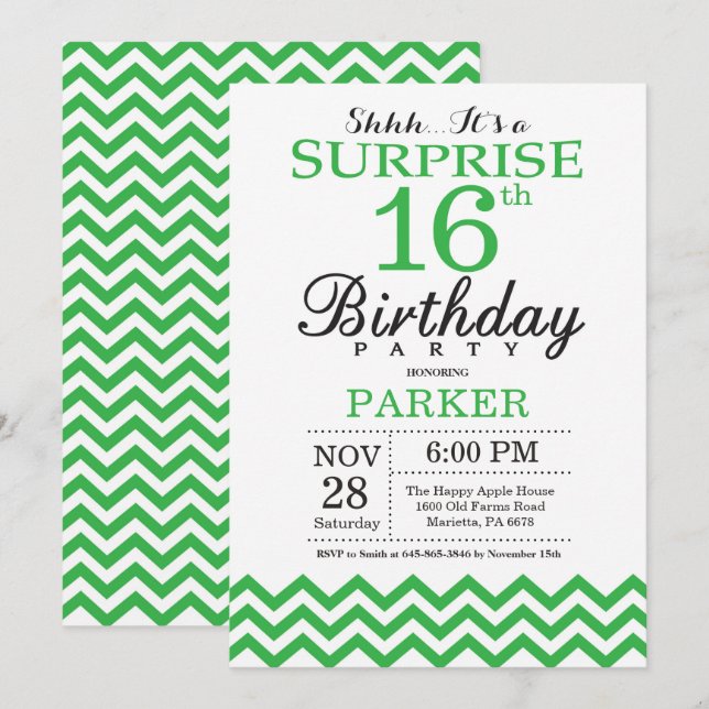 Surprise 16th Birthday Invitation Green Chevron (Front/Back)