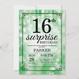 Surprise 16th Birthday Invitation Green Glitter