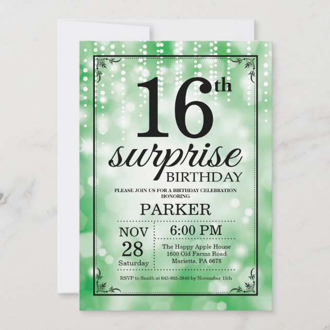 Surprise 16th Birthday Invitation Green Glitter (Front)
