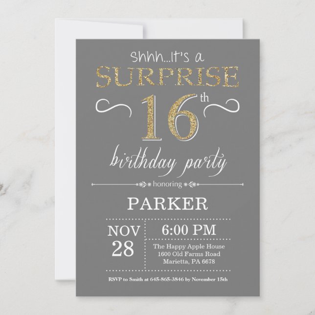 Surprise 16th Birthday Invitation Grey and Gold (Front)