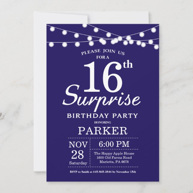 Surprise 16th Birthday Invitation Navy Blue (Front)